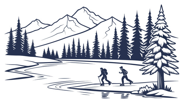 People ice skating on frozen mountain lake graphic illustration with mountains