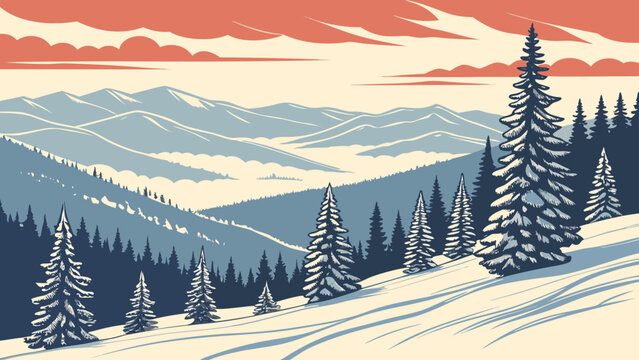 Winter mountain landscape illustration with pine trees and sunset sky, mountain