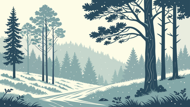 Winter forest scene with snowy path and tall pine trees landscape snowfall