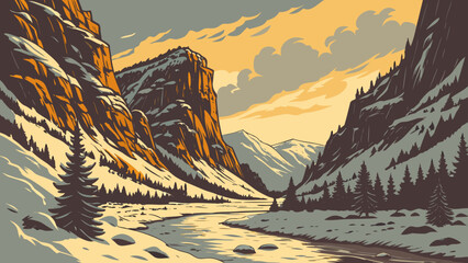 Winter mountain valley landscape with river and warm sky illustration, mountains © Proi