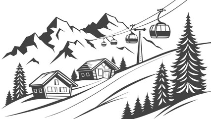 Mountain ski resort landscape graphic with cable car and wooden cabins, mountain © khadija