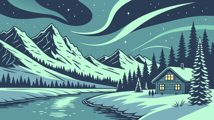 Winter night landscape with northern lights over snowy mountains and a cozy © Proi