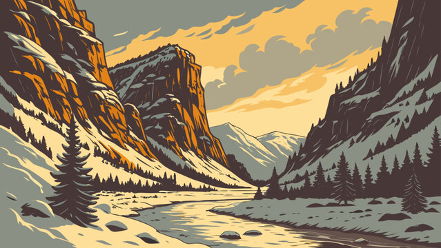 Winter mountain valley landscape with river and warm sky illustration, mountains