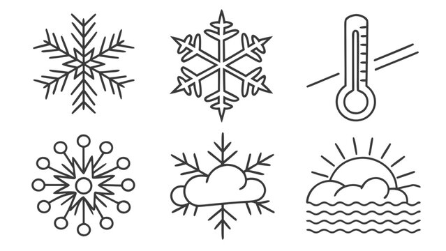 Collection of winter weather and climate line icons with snowflakes