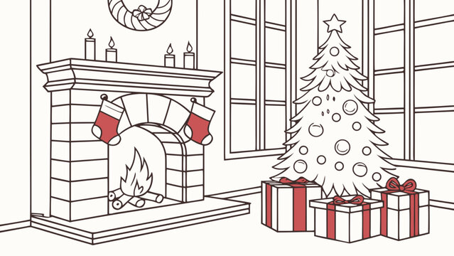 Cozy christmas living room interior with fireplace tree and presents, christmas