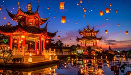 Fototapeta premium Lantern festival with pagoda buildings reflecting cultural celebration and traditional craftsmanship