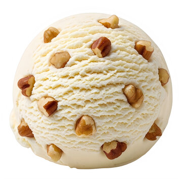 Delicious vanilla ice cream scoop with caramel swirls and nut bits isolated on transparent background