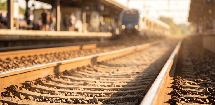 Editorial close up of railway tracks distorted by intense summer heat, realistic documentary photography with dramatic mirage effect and warm afternoon light