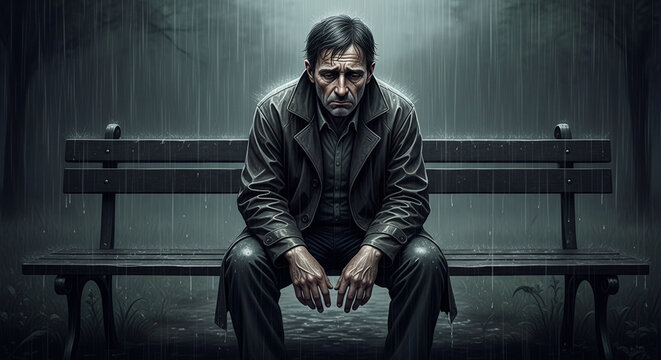 Depressed man in a trench coat sits alone on a dark park bench at night, head bowed with rain falling and streetlights blurred in the background