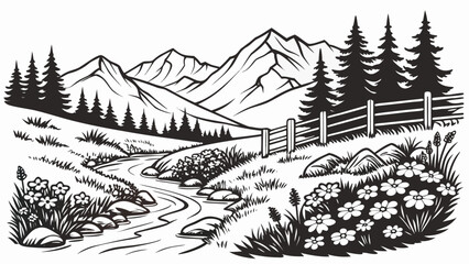 Fototapeta premium Mountain landscape with stream and flowers - black and white line art, landscape