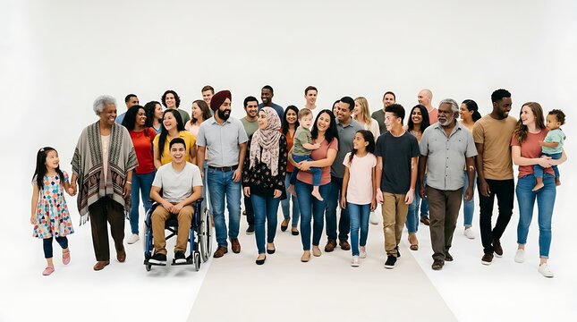Diverse group of people walking together diverse ages genders ethnicities and abilities united