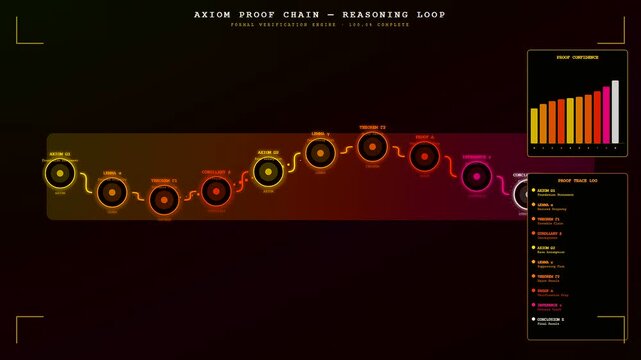 A digital reasoning loop progress tracking interface showcasing mathematical logic nodes connecting sequentially on a dark screen with warm glowing circular icons and rising bar charts