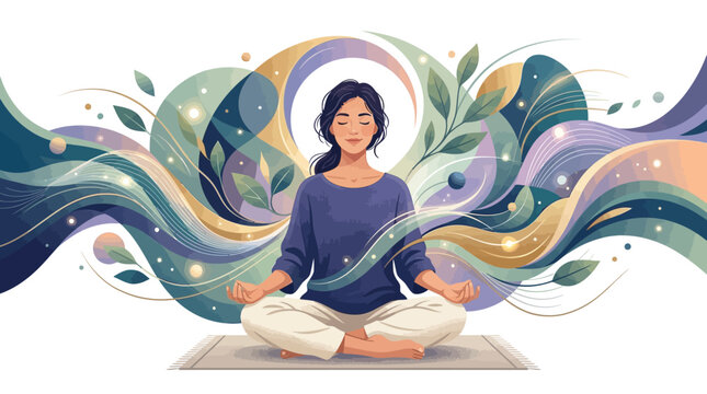 Person practicing yoga meditation with abstract flowing nature background