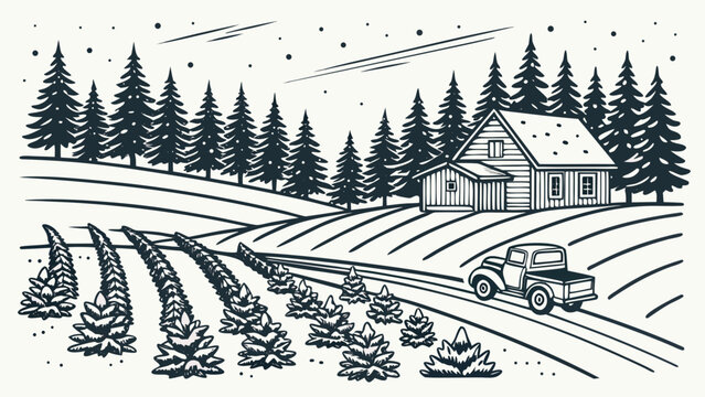 Black and white graphic art of a farmhouse with a pickup truck in winter