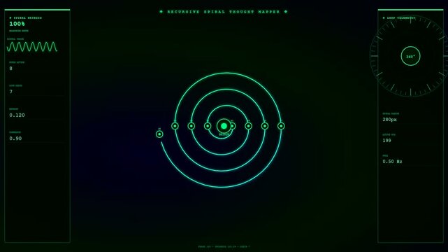 a futuristic reasoning loop visualizes complex data patterns with neon glowing concentric circles and shifting digital interface gauges inside a dark simulated virtual workspace environment