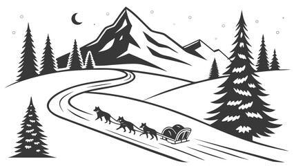 Dog sledding team on snowy mountain path at night under crescent moon © Md