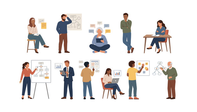 Diverse office workers and business professionals analyzing charts planning strategy collaborating working on projects flat vector illustration set