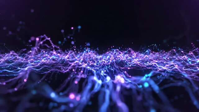 Ethereal ambient motion graphics of violet and blue glowing light waves flowing through a dark void symbolizing cognitive thoughts and brain activity