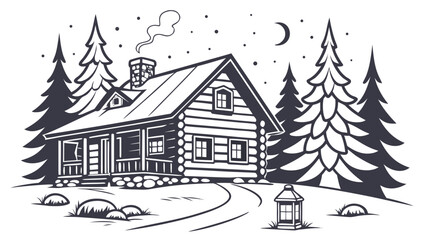 Obraz premium Cozy log cabin in winter forest at night line art with illustration, evergreen