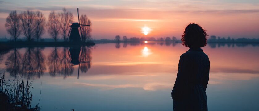 Woman stand shore of serene lake gazing out reflection of tree sun set behind silhouette of solitary windmill distance clean professional stock photo sharp macro photography style cinematic realism
