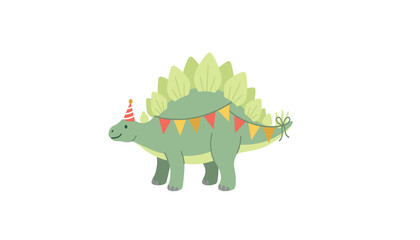 Cute cartoon stegosaurus dinosaur wearing party cone hat and festive bunting garland flat vector illustration isolated on white © Ruma