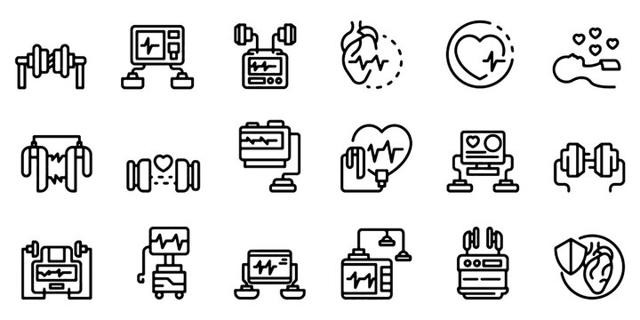 Cardiac Emergency Icon Set with Defibrillator, Heart Monitor, AED, ECG and Intensive Care Medical Equipment Outline Vector Illustration.