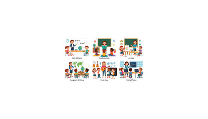 Cute cartoon school children learning different classroom subjects with teacher math science reading art geography music coding vector © Ruma