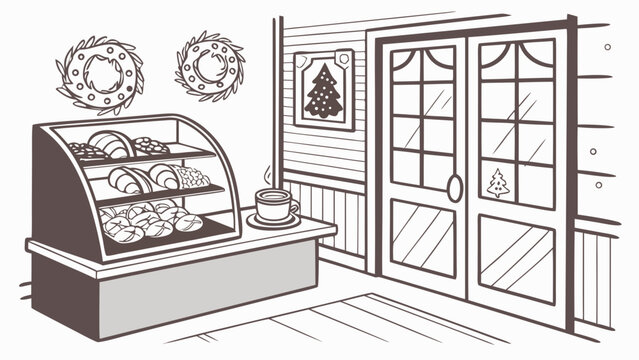 Cozy winter bakery interior sketch with interior christmas illustration