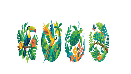 Tropical rainforest and ocean animals geometric vector illustrations set with colorful toucan macaw parrot sea turtle and chameleon © Ruma