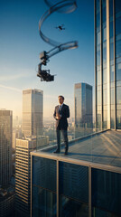 Fototapeta premium Innovative Business Executive Overseeing Drone Technology from Skyscraper Rooftop in Urban Cityscape at Sunrise