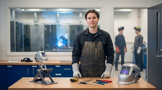 Vocational Trade Student Portrait With Fabrication Tools And Practice Bay