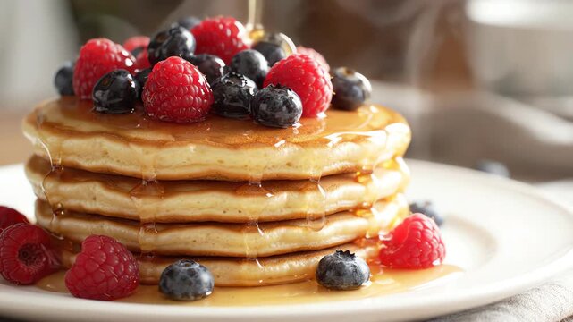 Slow motion close up of rich maple syrup drizzling over a stack of fluffy golden pancakes topped with fresh blueberries and raspberries on a white ceramic plate