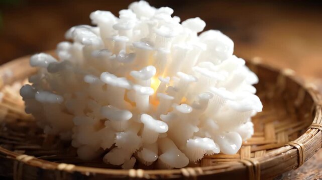 Slow motion rotating view of fresh raw snow fungus on a rustic bamboo plate showcasing the intricate ruffled texture and translucent white color