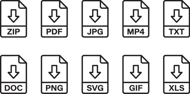 Set of ten file format icons with download arrows representing various digital document extensions