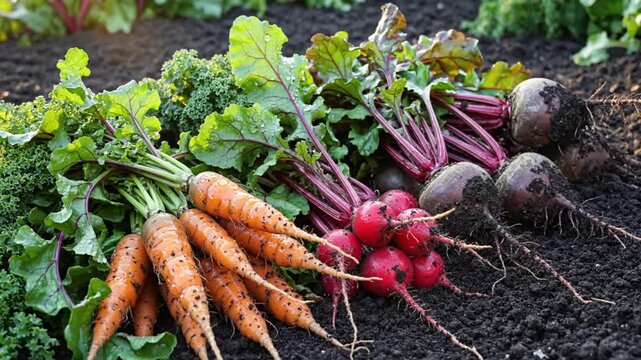 Freshly harvested organic vegetables carrots radishes and beetroots lying on dark garden soil.