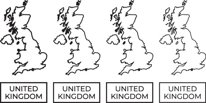 Set of four United Kingdom map outlines with labels in black and white for educational geography use