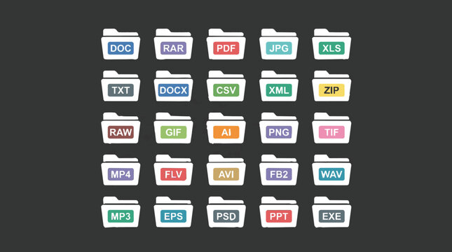 Grid of twenty-five file folder icons with various file extensions for digital document management