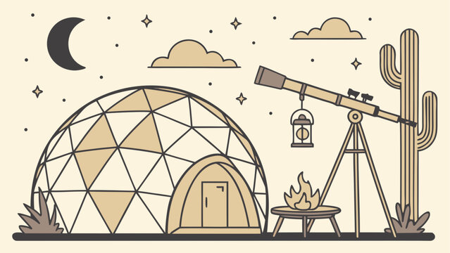 Desert glamping dome stargazing night illustration with glamping, stargazing