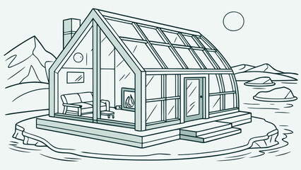 Modern glass cabin house on a remote arctic island with architecture, fireplace © Jani