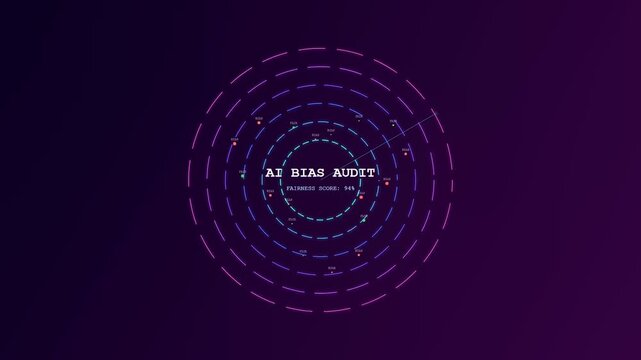 A digital AI Bias Auditing interface animation displays concentric circular data rings expanding across a dark screen to visualize software fairness metrics for modern analytic development