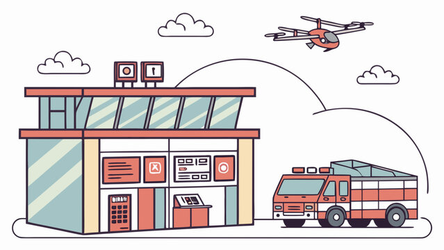 Airport control tower with emergency fire truck and aircraft aviation aircraft