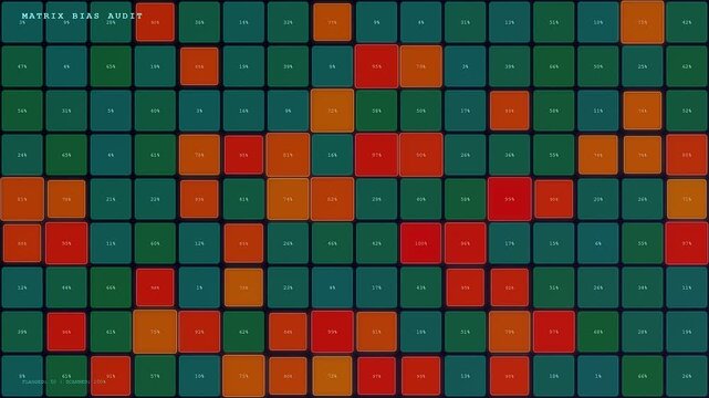 A detailed AI Bias Auditing dashboard displays complex numerical grid data patterns on a dark screen to visualize algorithmic fairness and systematic software evaluation metric results