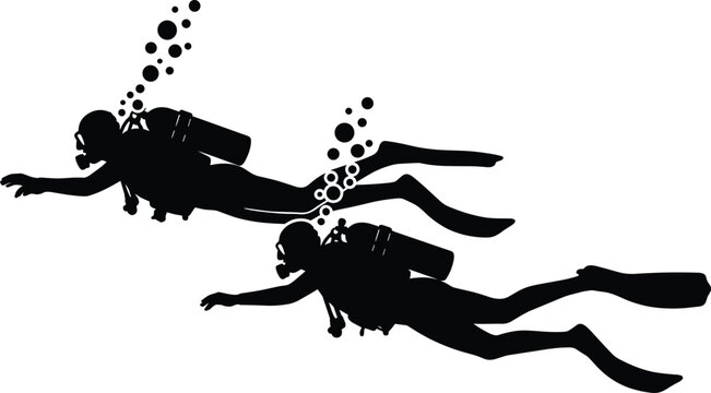 Scuba divers underwater silhouette, marine adventure exploration, diving team swimming, ocean rescue and aquatic sports vector illustration