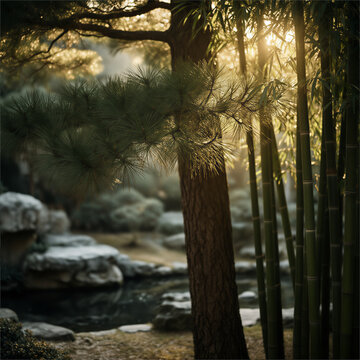 Misty Oriental Garden in Morning Fog, Pine Tree and Bamboo with Sunbeam flare