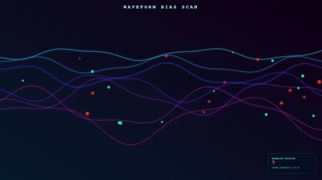 Innovative AI Bias Auditing software displays streaming data waves and complex graphical anomalies within a digital interface to visualize algorithmic detection processes in real time environment