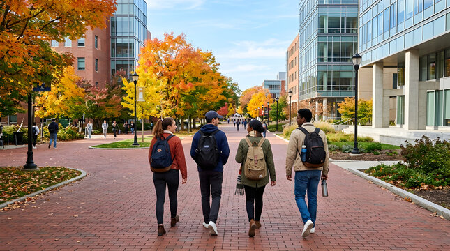 Group of students walking on a campus path during autumn with colorful fall