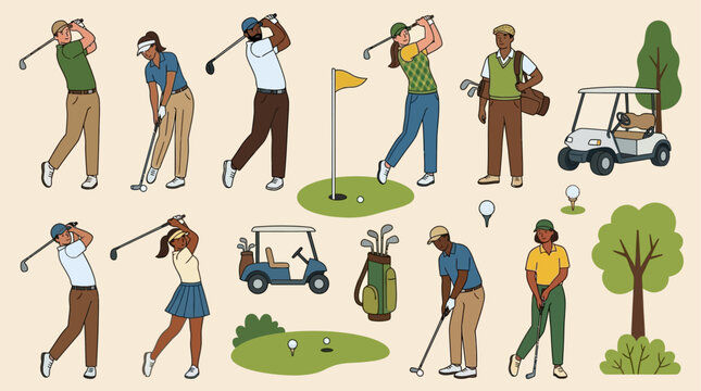 Professional Golfer Athlete Swinging Club Dynamic Sport Motion Graphic Vector Illustration Set for Tournament Championship Activity Outdoor Leisure Hobby Design