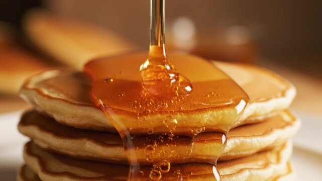 Golden Maple Syrup Pouring Over a Delicious Stack of Fresh Pancakes for Breakfast.