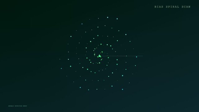 A digital AI Bias Auditing interface animation displays a luminous spiral scan pattern that pulses rhythmically across a dark screen while monitoring complex algorithmic data stream flows