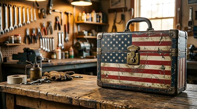Vintage american flag toolbox on workbench in garage